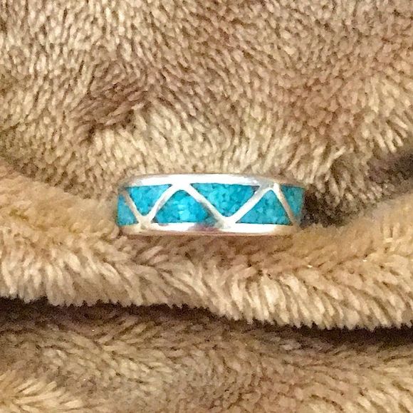 VTG Sterling Silver Southwest Crushed Turquoise Inlay Ring - Picture 1 of 13